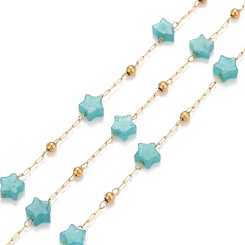 Ion Plating(IP) 304 Stainless Steel Satellite Chains, with Natural Amazonite Star Beaded, Unwelded, with Spool, Golden, 4x4x2mm