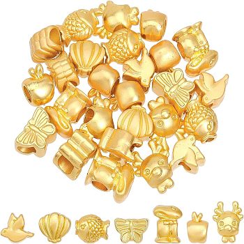 CHGCRAFT 35Pcs 7 Styles Alloy European Beads, Large Hole Beads, Matte Style, Mixed Shapes, Matte Gold Color, 9~14x8~12x6.5~8mm, Hole: 2.5~5mm, 5pcs/style