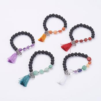 Tassel Charm Bracelets, with Alloy Findings and Gemstone Beads, Round & Nuggets & Ring with Tree of Life, 2-1/8 inch(55mm)