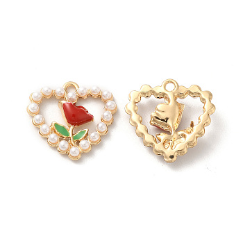 Rack Plating Alloy Enamel Pendants, with Imitation Pearl Beaded, Nickel Free, Heart with Flower Charms, Golden, 18x18x4mm, Hole: 1.6mm