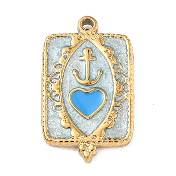 304 Stainless Steel Enamel Pendants, Rectangle with Heart & Achor, with Glitter Powder, Blue, Golden, 27x16.5x3.5mm, Hole: 1.5mm
