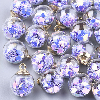 Glass Ball Pendants, with Glitter Sequins and CCB Plastic Findings, Round with Heart, Golden, Mauve, 21x15.5~16mm, Hole: 2mm