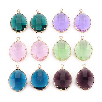 Glass Pendants, with Golden Tone Brass Findings, Imitation Jade, Faceted, Oval, Mixed Color, 28x19x7.5mm, Hole: 2mm