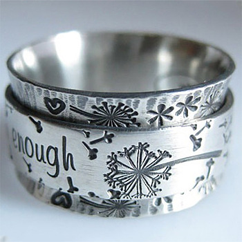 Dandelion with Word Pattern Alloy Finger Rings, Antique Silver, US Size 8(18.1mm)