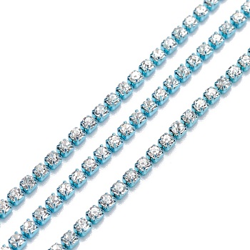 Electrophoresis Brass Rhinestone Strass Chains, with Plastic Spools, Rhinestone Cup Chains, Pale Turquoise, 2~2.1mm, 4.92 Feet(1.5m)/Bag