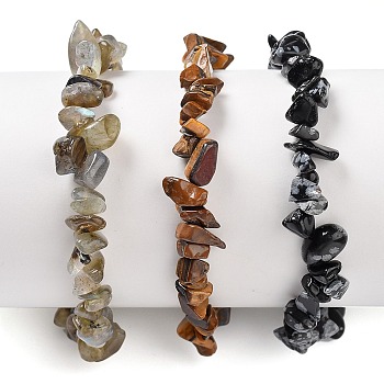 Chips Natural Labradorite & Snowflake Obsidian & Tiger Eye Beaded Stretch Bracelets Sets, Stackable Bracelets, Inner Diameter: 2-1/8 inch(5.5cm), 3pcs/set