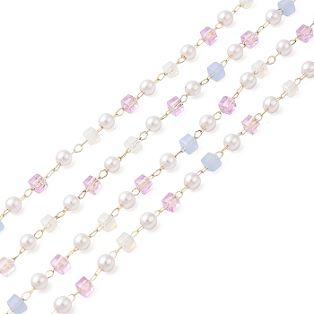 Faceted Cube Glass & ABS Plastic Imitation Pearl Beaded Chains, with Light Gold 304 Stainless Steel Findings, Soldered, Violet, 4x2.5mm, 4x2.5x2.5mm