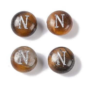 Natural Tiger Eye Beads, Rondelle with Letter, Letter N, 8.5~9x5~5.5mm, Hole: 1.2mm