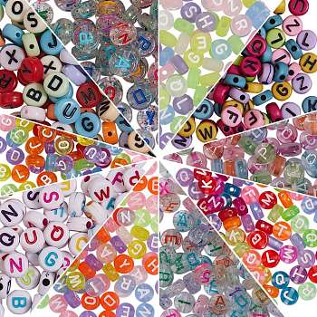 1000Pcs 10 Styles Transparent Frosted Acrylic Beads, Flat Round with Letter, Mixed Color, 7x3.5mm, Hole: 1.2mm