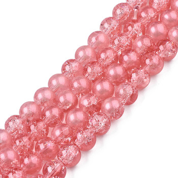 Translucent Crackle Glass Beads Strands, with Glitter Powder, Round, Light Coral, 8x7.5mm, Hole: 1mm, about 100~105Pcs/strand, 31.50 inch~33.07 inch(80cm~84cm)