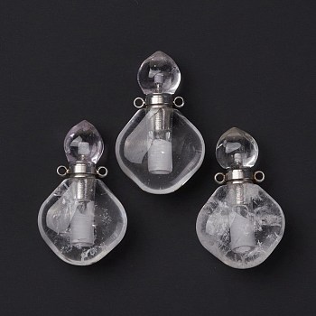 Natural Quartz Crystal Perfume Bottle Pendants, with Platinum Brass Findings, Rhombus, 35mm, Hole: 1.6mm