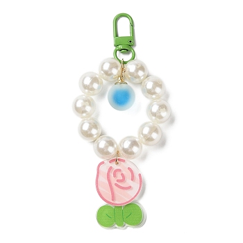 Flower Acrylic Pendant Decorations, with Plastic Imitation Pearl & Iron Clasp, for Bag, Mobile Phone Decorations, Lime Green, 135mm, Pendant: 41.5x28x4.5mm