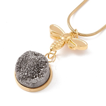 Natural Quartz Bee with Flat Round Pendant Necklace with 304 Stainless Steel Snake Chain, Druzy Gemstone Jewelry for Women, Golden, Gray, 17.91 inch(45.5cm)