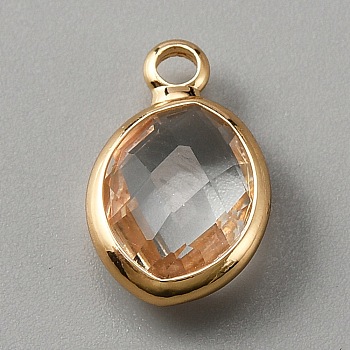 Faceted Glass Pendants, April Birthstone Charms, with Brass Cabochon Settings, Oval, Golden, Clear, 13x8x4mm, Hole: 1.6mm