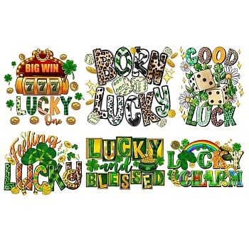 6Pcs 6 Style Saint Patrick's Day Theme Word PET Sublimation Stickers, Heat Transfer Film, Iron on Vinyls, for Clothes Decoration, Mixed Color, 135~215x172~240mm, 1pc/style