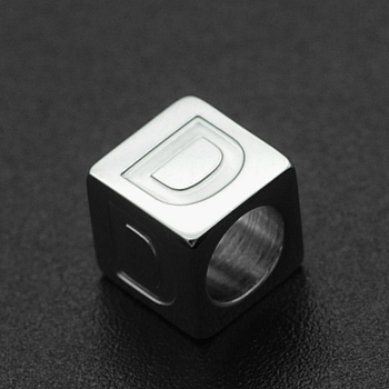 201 Stainless Steel European Beads, Large Hole Beads, Horizontal Hole, Cube, Stainless Steel Color, Letter.D, 7x7x7mm, Hole: 5mm