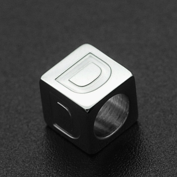 Non-Tarnish 201 Stainless Steel European Beads, Large Hole Beads, Horizontal Hole, Cube, Stainless Steel Color, Letter.D, 7x7x7mm, Hole: 5mm