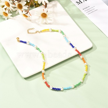 Glass Seed & Glass Pearl Beaded Necklace for Girl Women(NJEW-TA00007)-2