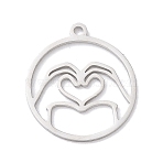 304 Stainless Steel Pendants, Laser Cut, Flat Rounnd with Two-Hand Finger Heart Gesture Charm, Anti-Tarnish, Stainless Steel Color, 20.5x18x1mm, Hole: 1.5mm(STAS-Z131-01A-P)
