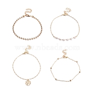 4Pcs 4 Style Alloy Chain Anklets Set with Resin Pearl Beaded and Flat Round Charm, Clear Cubic Zirconia Tennis Anklets for Women, Light Gold, 8.46~9.25 inch(21.5~23.5cm)(SJEW-D009-03KCG)