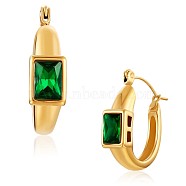 Green Cubic Zirconia Rectangle Hoop Earrings, 430 Stainless Steel Jewelry for Women, Golden, 23x7mm(JE936A)