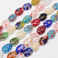 Handmade Millefiori Glass Bead Strands, Flat Oval, Colorful, 12x8x3.5~4mm, Hole: 1mm, about 33~34pcs/strand, 15.3 inch(LAMP-G108-07)