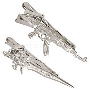 2Pcs 2 Style Brass Tie Clip, with Hanging Chains Collar Pins Tie Clips, Sword/Gun, Platinum, 15.5~16x59~59.5x22.5~23mm, 1pc/style(FIND-CA0008-55)