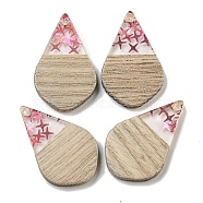 Wooden Pendants, Resin and Gold Foil, Teardrop, Cerise, 28x18x4mm, Hole: 2mm(FIND-B042-12C)