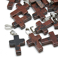 Natural Mahogany Obsidian Pendants, with Stainless Steel Snap On Bails, Cross, 29~30x18~19x5~6mm, Hole: 6x4mm(G-T080-09)