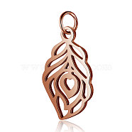 304 Stainless Steel Pendants, Feather, Rose Gold, 17.5x10.5x1mm, Hole: 2.5mm(STAS-S105-T515R)