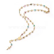 304 Stainless Steel Rosary Bead Necklaces, with Enamel Evil Eye, Oval with Virgin Mary, Cross, Golden, 19 inch(48.3cm)(NJEW-E133-03G)