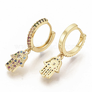 Brass Micro Pave Colorful Cubic Zirconia Dangle Hoop Earrings, Hamsa Hand/Hand of Fatima/Hand of Miriam, Real 16K Gold Plated, 27.5mm, Pin: 1x1mm(EJEW-S208-078)