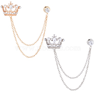2Pcs 2 Colors Crystal Rhinestone Crown Hanging Chain Brooches, Men's Suit Collar Alloy Lapel Pins, Platinum & Golden, 150mm, 1Pc/color(JEWB-GF0001-35)