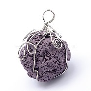 Irregular Synthetic Lava Rock Big Pendants, with Platinum Plated Brass Findings, Dyed, Medium Purple, 48x31x33mm, Hole: 6.5mm(G-L351-03G)