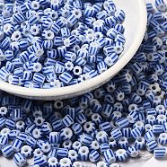 6/0 Opaque Colours Seep Glass Seed Beads, Round Hole, Round with Stripe Pattern, Blue, 3~4.5x3~4.5mm, Hole: 1.2~1.5mm, about 450g/bag(SEED-F003-04A-02)