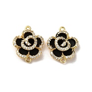 Brass Micro Pave Clear Cubic Zirconia Connector Charms, with Black Enamel, Flower Links, Real 18K Gold Plated, 17x14x6mm, Hole: 1mm and 1.2mm(KK-B079-05G)