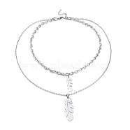 304 Stainless Steel Double Layer Necklaces, with Cable Chains and Lobster Claw Clasps, Feather, Stainless Steel Color, 17.80 inch(45.2cm)(NJEW-M181-04P)