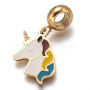 304 Stainless Steel European Dangle Charms, Large Hole Pendants, with Enamel, Unicorn Shape, Golden, Colorful, 26mm, Hole: 4.5mm, Pendant: 17x12x1.5mm(STAS-I177-21B)