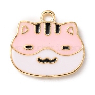 Alloy Enamel Pendants, Light Gold, Cat, Pink, 14.5x16x1.5mm, Hole: 1.6mm(FIND-CJC0003-80LG-01)