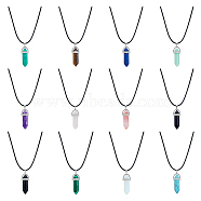 12Pcs 12 Styles Double Terminated Pointed Bullet Natural & Synthetic Mixed Gemstone Pendant Necklaces with Wax Cords, 17.76 inch(45.1cm), 1Pc/style(NJEW-FI0001-44)