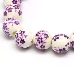 Handmade Flower Printed Porcelain Ceramic Beads Strands, Round, Indigo, 10mm, Hole: 2mm, about 35pcs/strand, 13.5 inch(PORC-M007-10mm-11)