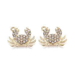 Alloy Rhinestone Pendants, Crab, Lead Free & Cadmium Free, Light Gold, 17.5x22x3mm, Hole: 1.8mm(FIND-N008-02KCG)