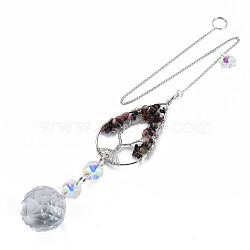 Natural Tourmaline Big Pendants, with Platinum Brass Chain Extender and Findings, Plating Glass Flat Round & Flower, Clear AB Color, Teardrop with Tree of Life, 155mm, Hole: 3.5mm(G-N333-010I)