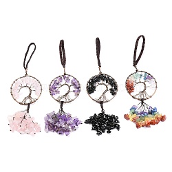 Wire Wrapped Chips Natural Gemstone Big Pendant Decorations, with Red Copper Plated Brass Wires and Nylon Cord, Flat Round with Tree of Life, 160~180mm(HJEW-H057-02)
