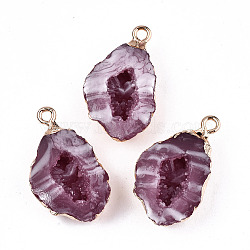 Druzy Geode Resin Pendants, with Edge Light Gold Plated Iron Loops, Nuggets, Old Rose, 25~26x15x7mm, Hole: 1.8mm(X-RESI-S383-066D)