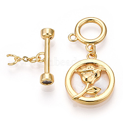 White Shell Toggle Clasps, with Brass Findings, Flat Round with Rose, Real 18K Gold Plated, 41.5mm, T Clasps: 5.5x18x4mm, O Clasps: 12x12x1mm(KK-P223-12G-02)