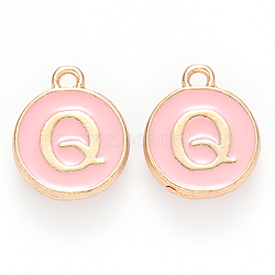 Golden Plated Alloy Enamel Charms, Cadmium Free & Lead Free, Enamelled Sequins, Flat Round with Letter, Pink, Letter.Q, 14x12x2mm, Hole: 1.5mm(X-ENAM-S118-07Q)