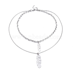 Non-Tarnish 304 Stainless Steel Double Layer Necklaces, with Cable Chains and Lobster Claw Clasps, Feather, Stainless Steel Color, 17.80 inch(45.2cm)(NJEW-M181-04P)