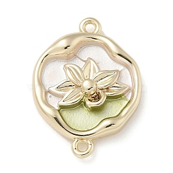 Brass Enamel Oval with Flower Connector Charms, Real 18K Gold Plated, Yellow Green, 18x13.5x3.5mm, Hole: 1mm(KK-M308-06G-01)