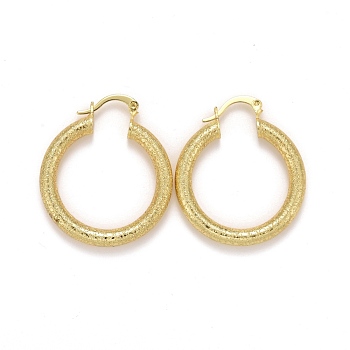 Rack Plating Brass Hoop Earrings, Textured, Long-Lasting Plated, Lead Free & Cadmium Free, Round Ring, Real 18K Gold Plated, 34~34.5x29.5x4mm, Pin: 0.6x1.2mm